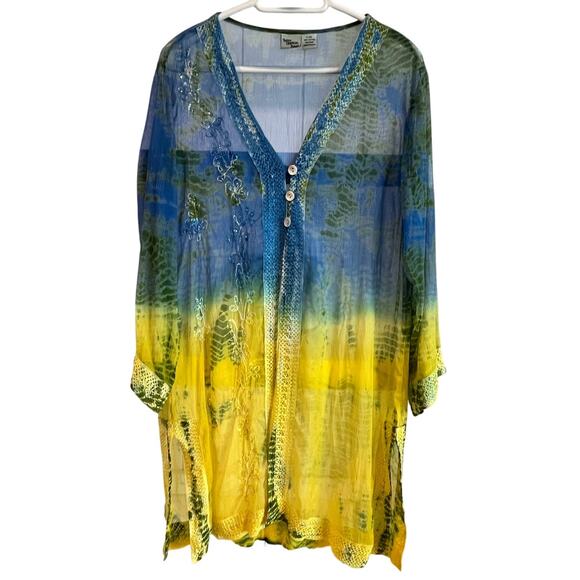 Indian Tropical Fashion Tie Dye Swimsuit Cover Up L/XL Boho Resort Beach Kimono - Picture 1 of 14